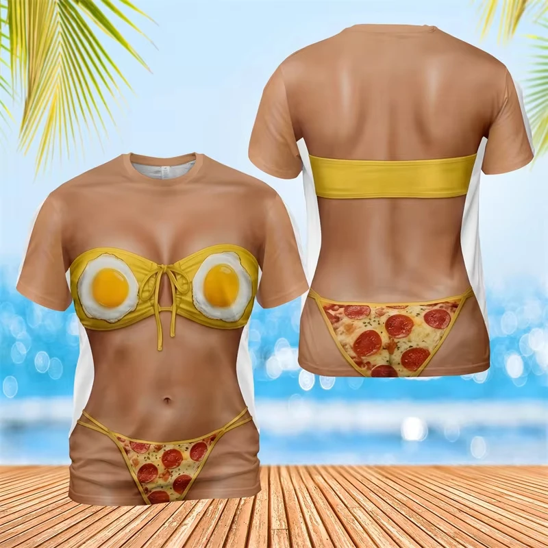 2026 New Fun 3D Printed Bikini Faux-Muscle Cosplay T-Shirt Quirky Unique – Perfect for Beach Vacations Quick-Drying Summer Style