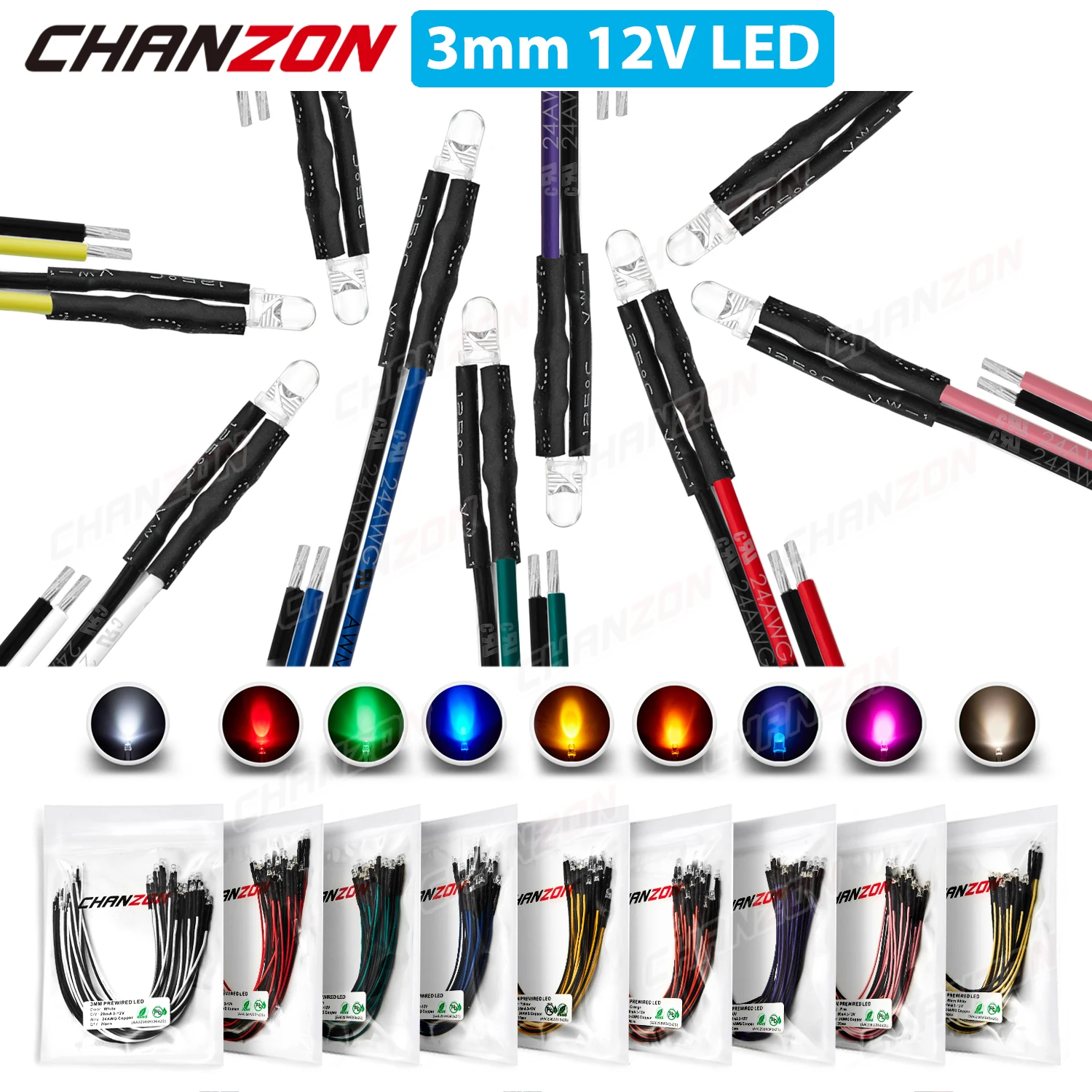 20 stks 3mm 12 V Voorbekabelde LED Licht Kralen Emitting Diode Warm Wit Rood Groen Blauw Geel Oranje UV Roze Pre Wired Kabel Lamp