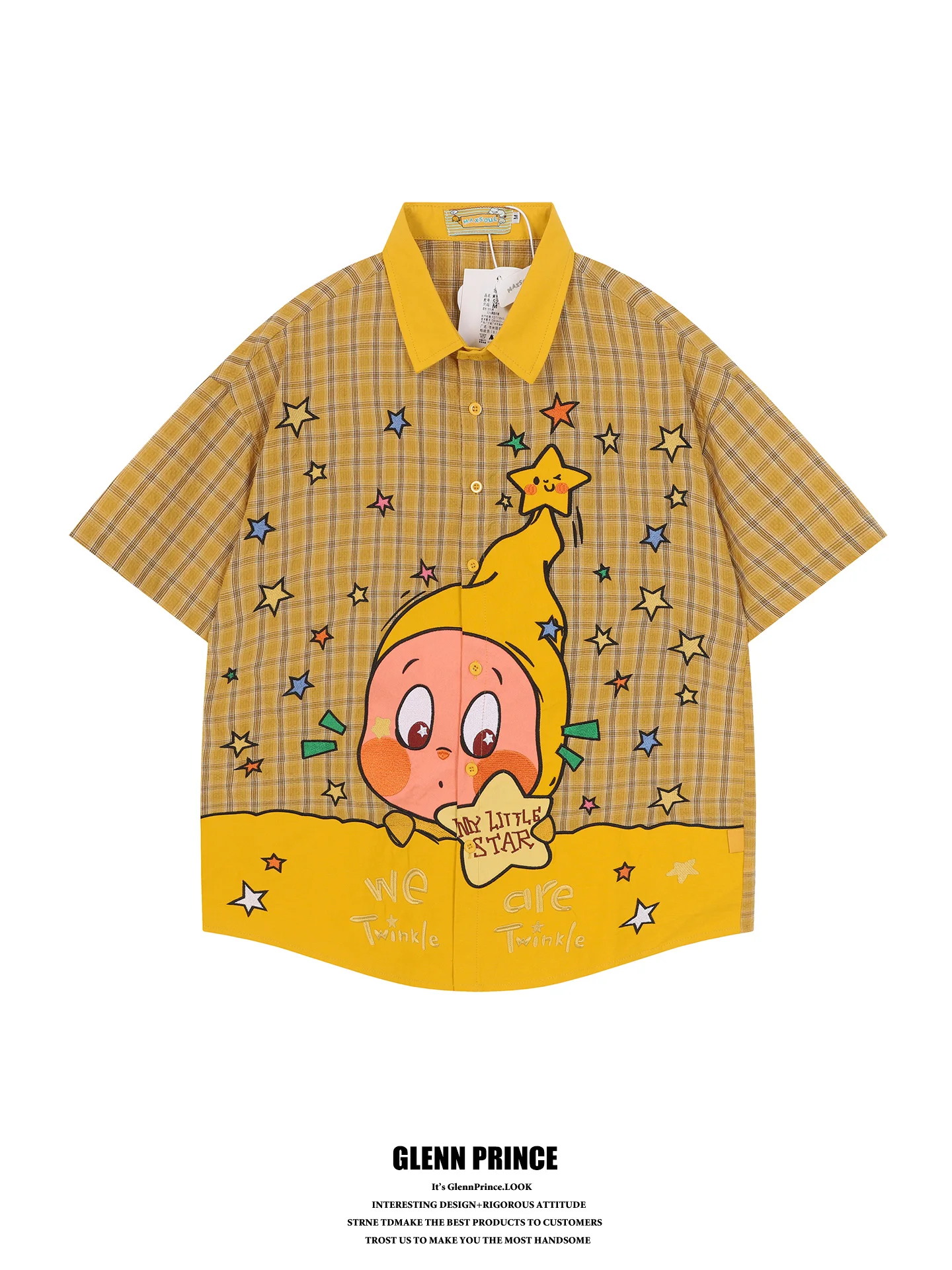 

Loose Fit Men's Plaid Short Sleeve Shirt GPstudio American Cartoon Star Pattern Couple's College Style BF Casual Top
