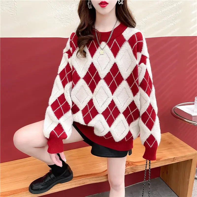 

Autumn and Winter Women's Round Neck Solid Color Pullover Thickened Geometric Long Sleeve Loose Straight Fit Sweater FashionTops