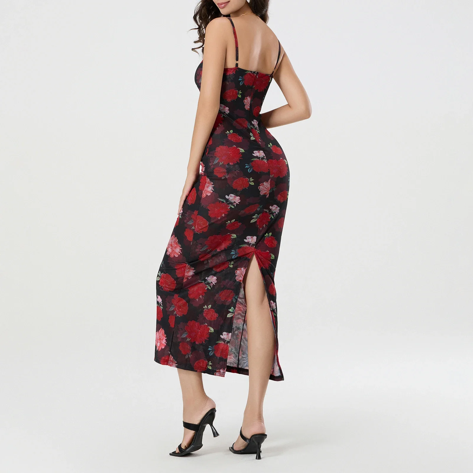 Women's Sexy Floral Print Sling Bodycon Long Dress Sleeveless Spaghetti Strap V-Neck Backless Elegant Cocktail Club Party Dress