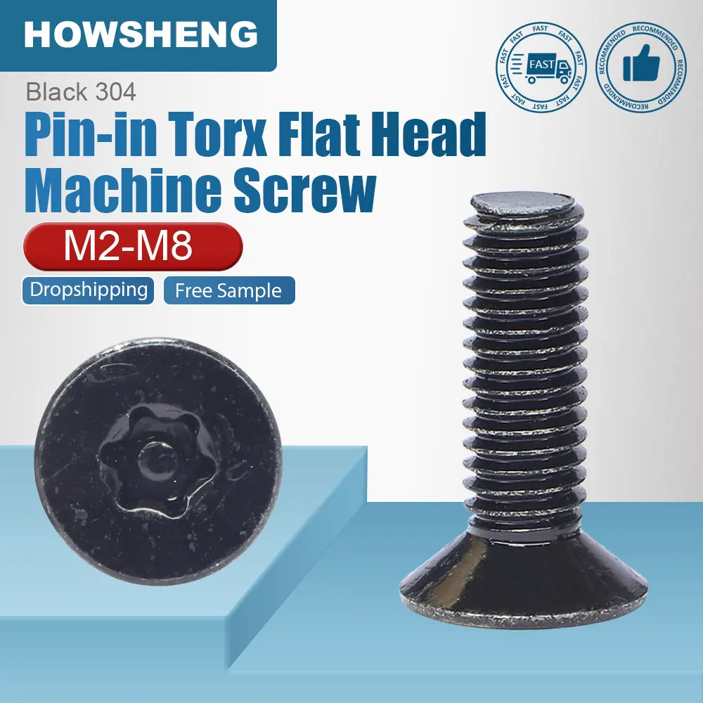 HOWSHENG 5-50pcs/bag Torx Pin-in Flat Head Screw Black 304 Steel CSK Head Tamper-proof Security Screw M2 M2.5 M3 M4 M5 M6 M8