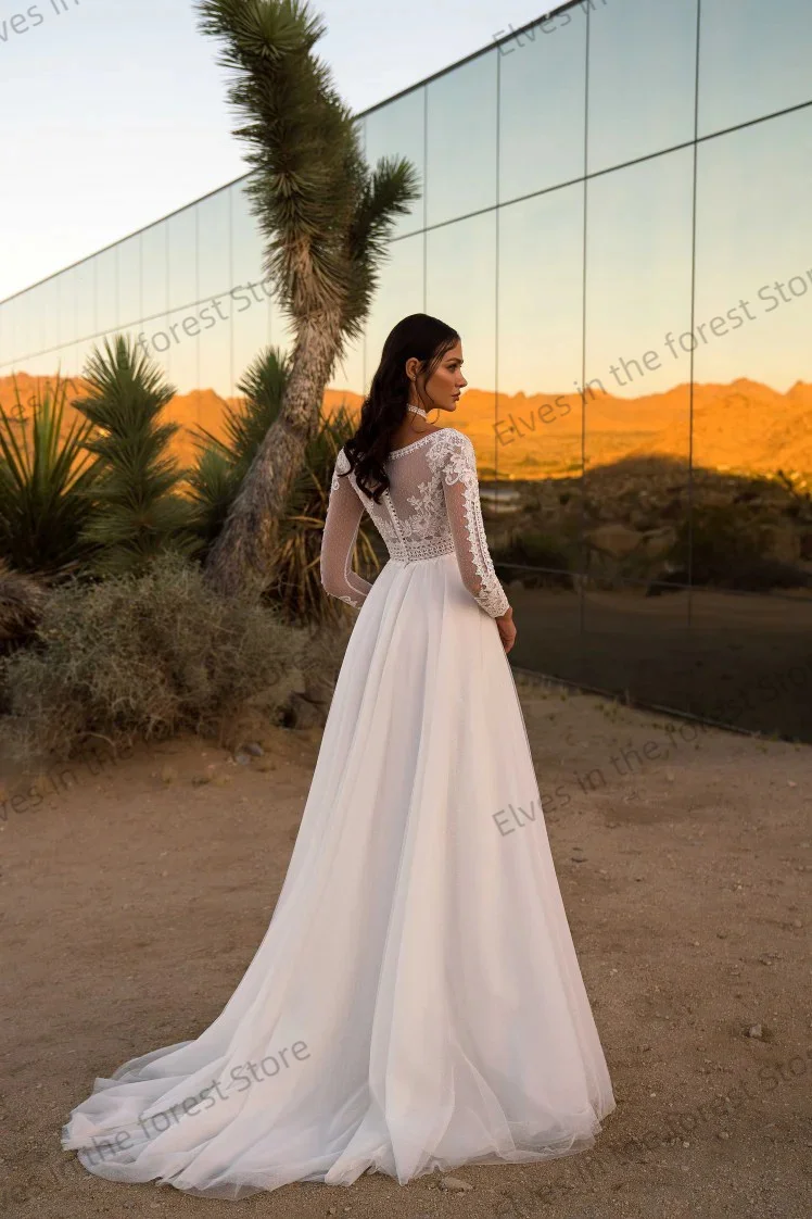 A-Linie Boho Brautkleider O-Ausschnitt Spitze Volle Ärmel Brautkleid Maßgeschneiderter Seitenschlitz Tüll Lange Frauen Vestidos De Novia