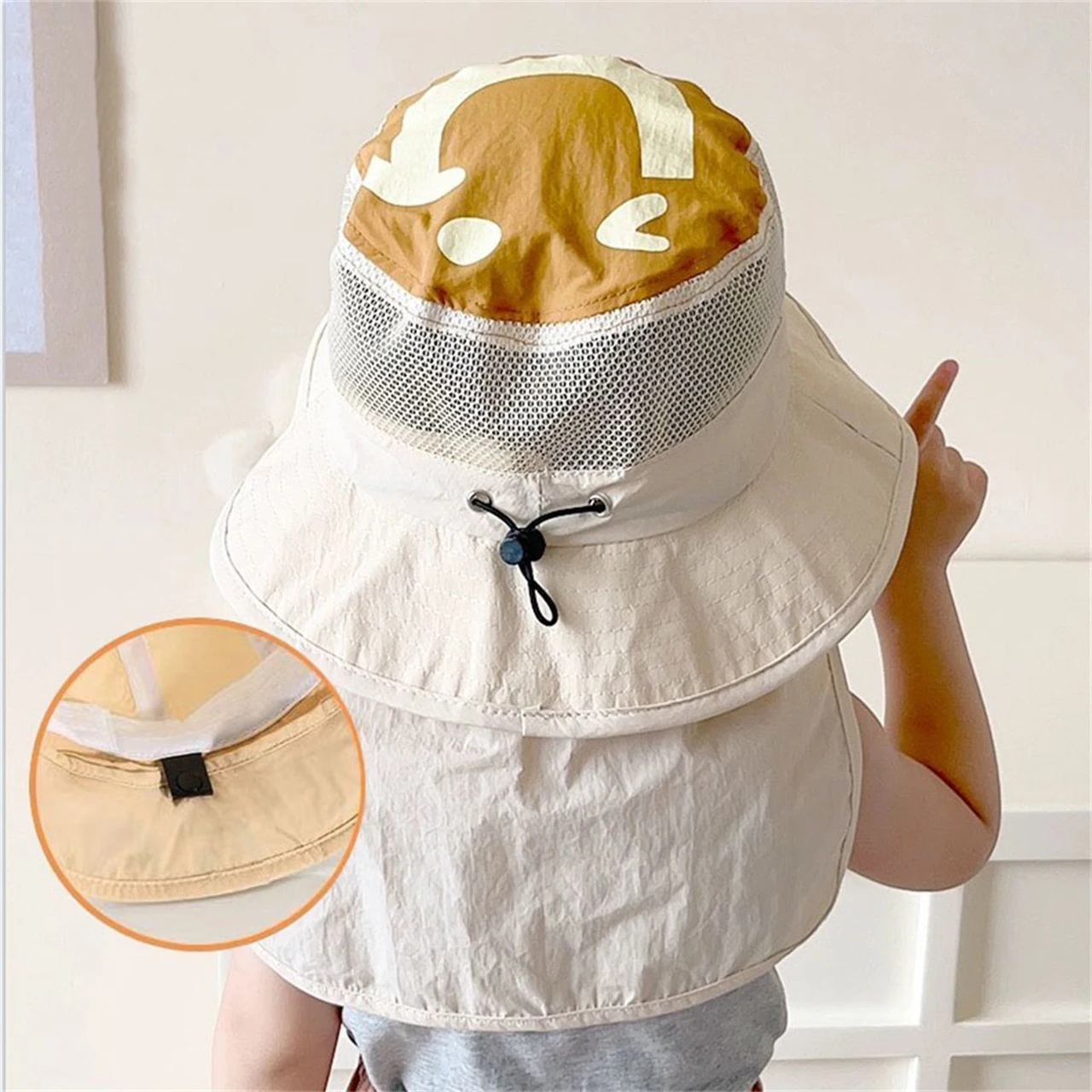 Summer Baby Sun Hat Outdoor Sunscreen Beach Cap with Shawl Cute Cartoon Neck Protection Bucket Hat Kids Panama Caps view 2