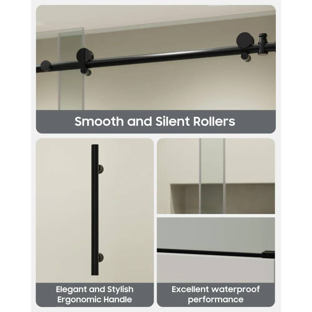 Porta de banho deslizante sem moldura de 56-60" x 60" H, porta de chuveiro de banho, vidro temperado transparente de 5/16" (8 mm), acabamento preto fosco