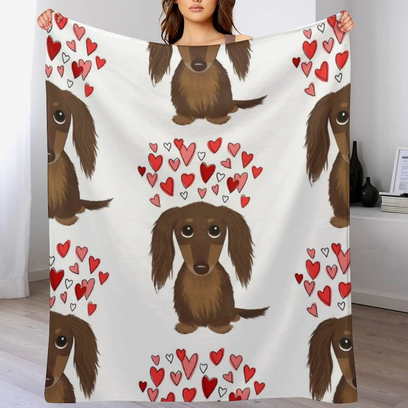 

Hearts Dog Longhaired Chocolate Dachshund Cartoon Dog with Valentine Hearts Throw Blanket