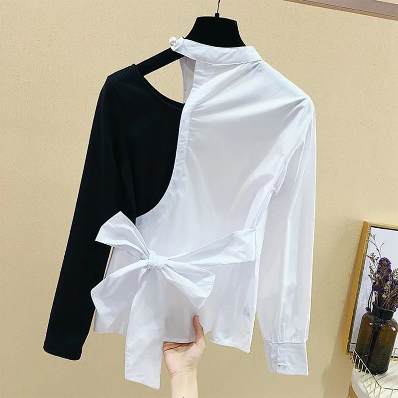 

Shirt women's summer thin fashion stitching off-the-shoulder shirt design sense niche irregular top women shirt