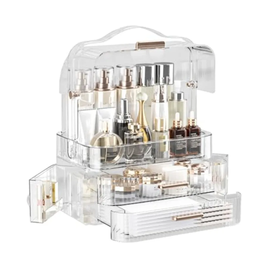

Cosmetics Storage Box Transparent Lid Large Makeup Organizer Box Drawers Portable Handle Waterproof Dustproof Skincare Display