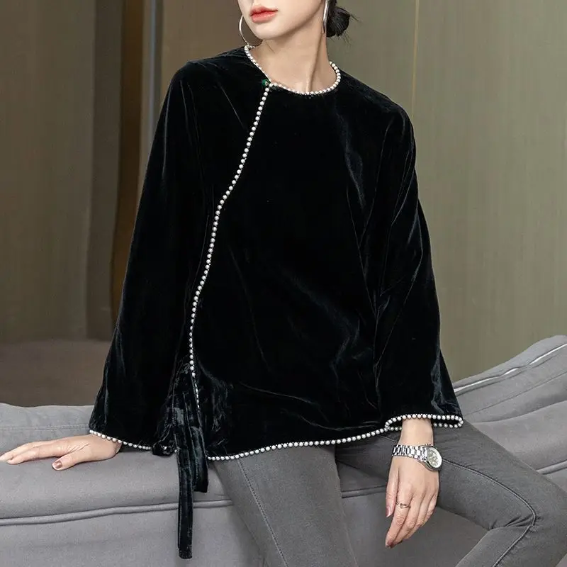 

Black New Chinese Style Coat Women 2025 Autumn Fashion New All-match Jackets Vintage Beading Long Sleeve Tops Mujer Y2k Shirts
