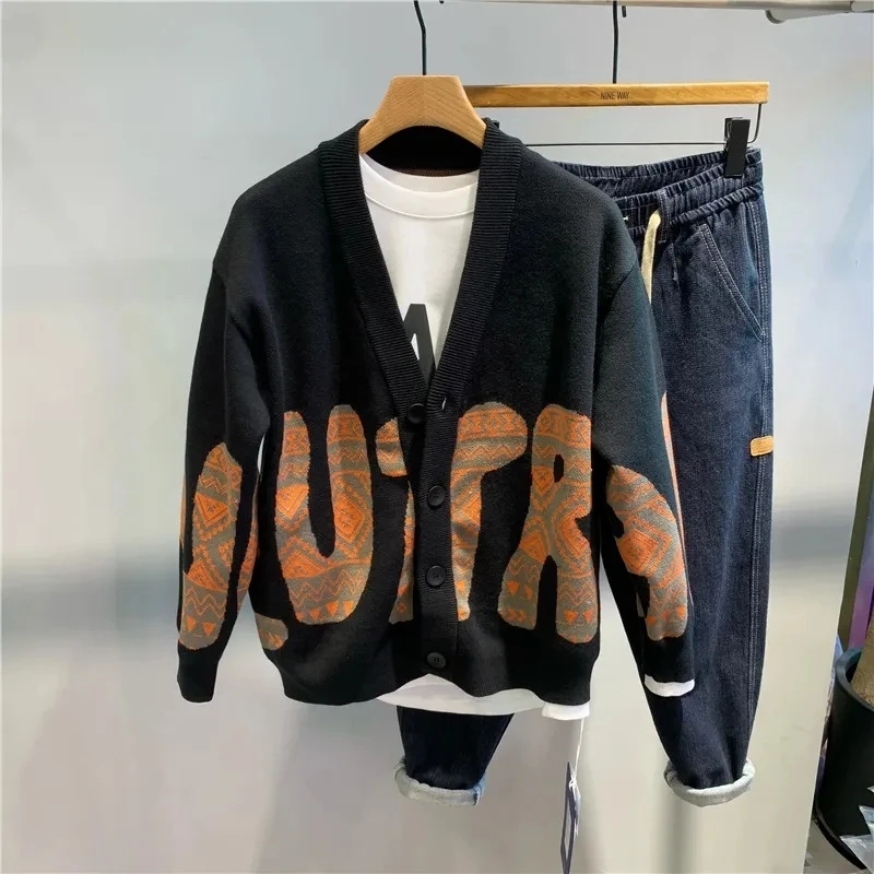 

Men's Clothing Autumn Winter New American Trend Letter Printed V-neck Knit Sweater Loose Korean Fashion Thickened Cardigan Coat