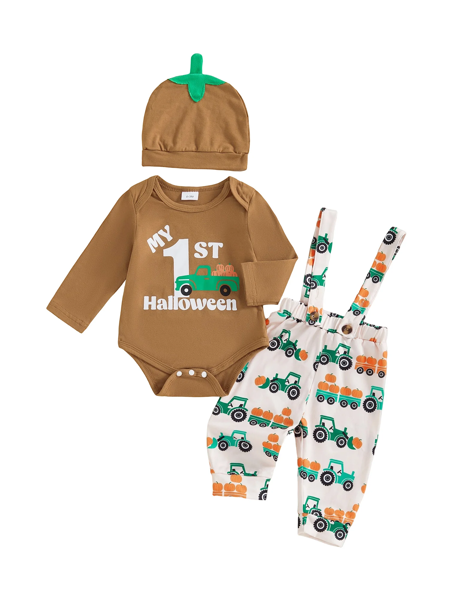 

Комплект из трех предметов для младенцев на Хэллоуин, комбинезон с длинными рукавами, брюки на подтяжках с принтом тыквы и шляпа в тон