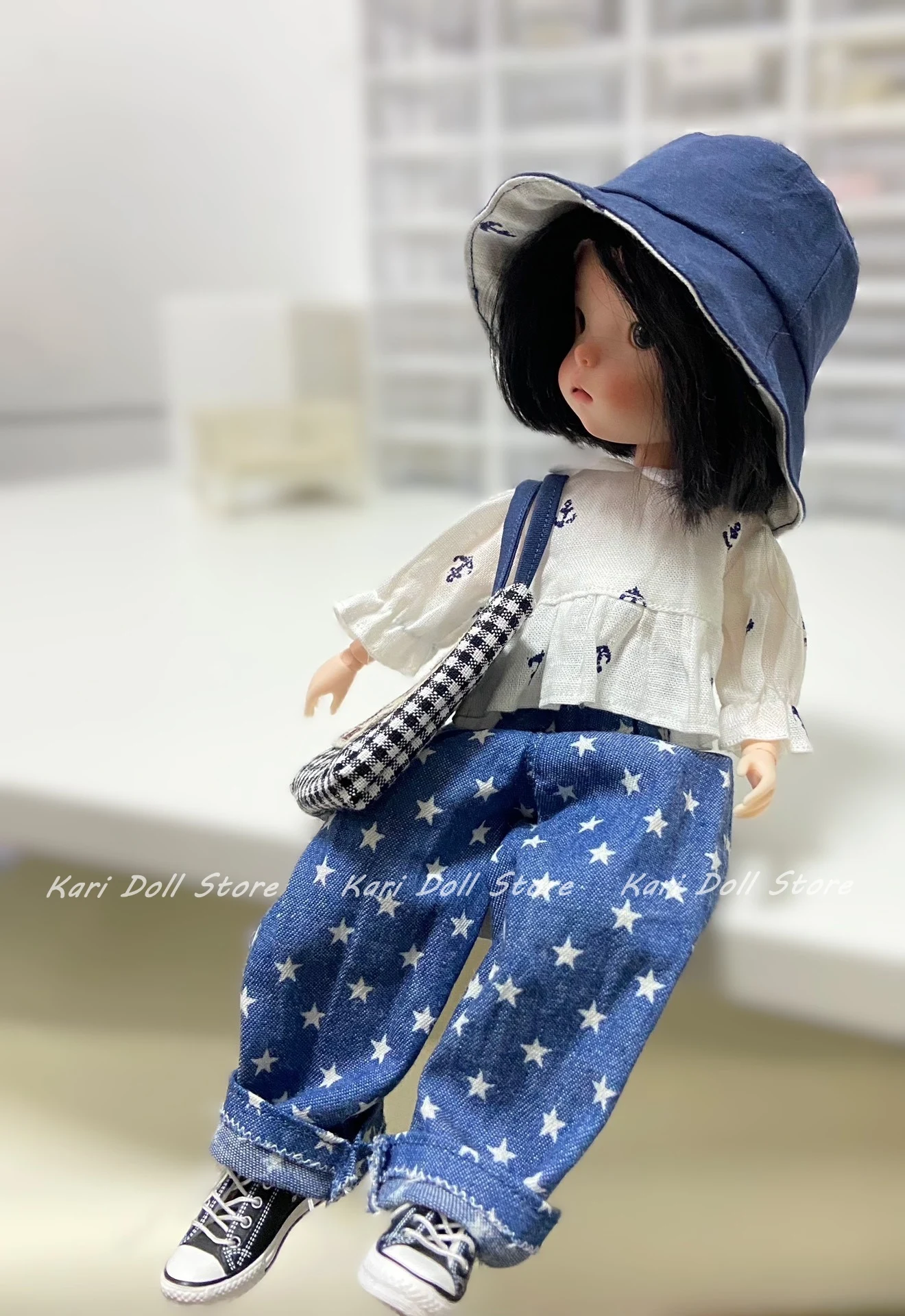 2026 Kari Doll Clothes and Skirts Blue and White Bucket Hat Casual Travel Doll Set for Landazz Landoudou Doll