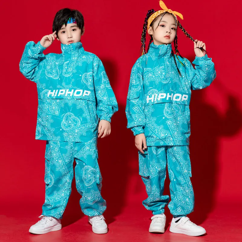 Kid Hip Hop Clothing Blue Geometry Print Pullover Shirt Top Cargo Jogger Pants for Girl Boy Jazz Dance Costumes Outfits Clothes