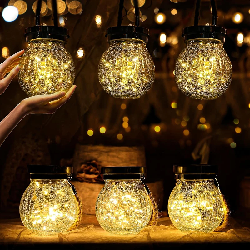 

Solar Powered Cracked Lamp Waterproof Outdoor Pendant Light Courtyard Decorations Glass Hanging Lamp LED Firefly Light New