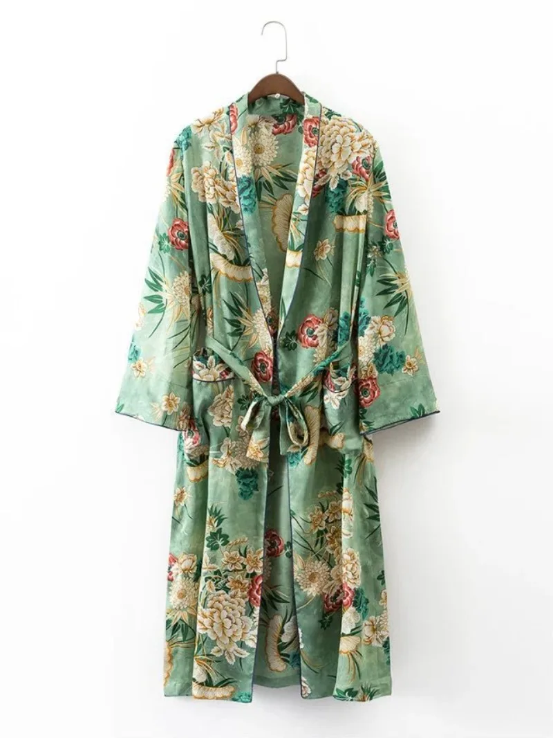 

Women's Spring Vintage Forap Printing Long Kimono Jacket with Sashes