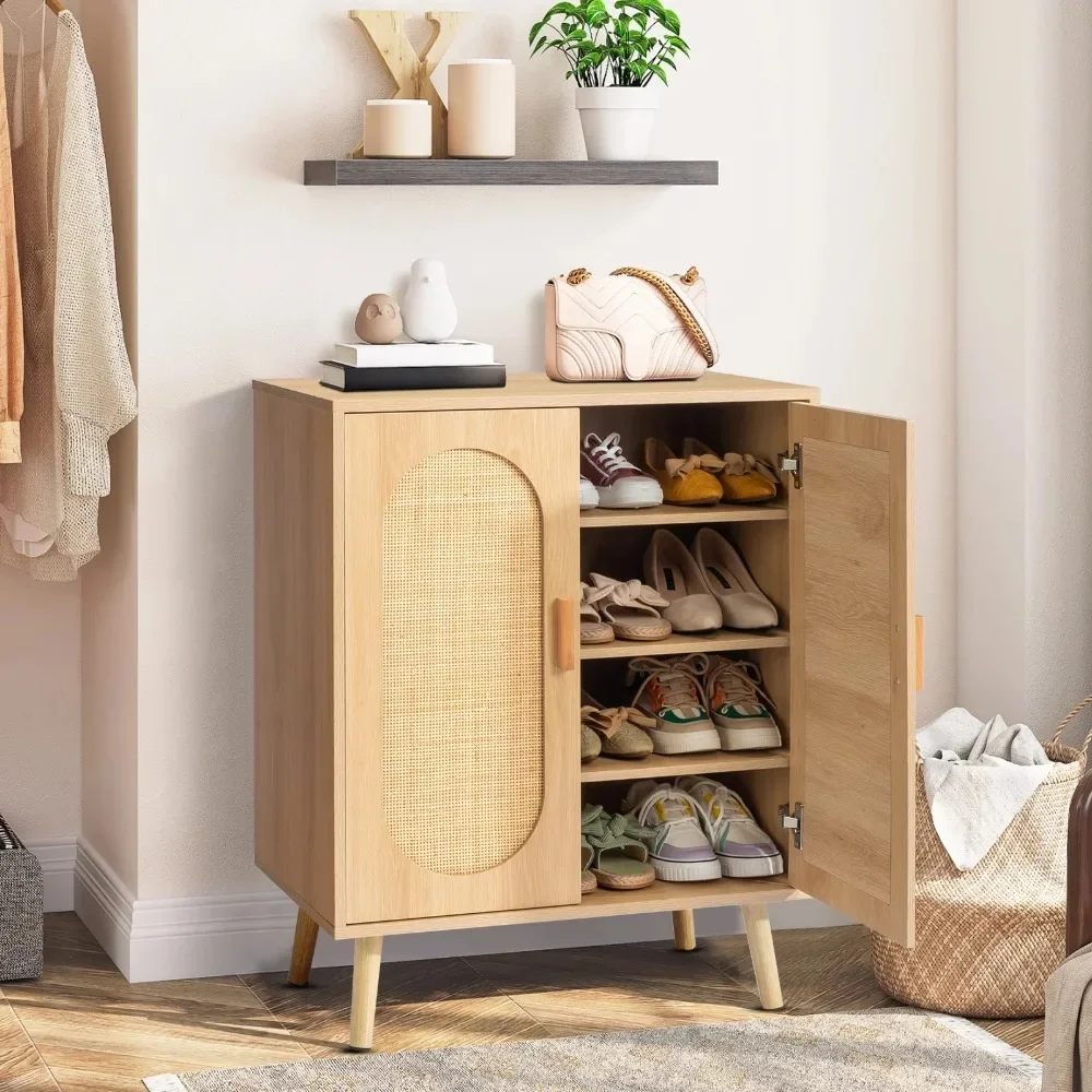 

Shoe Cabinet, 4 Tiers Shoe Storage Cabinet for Hallway, 2-Door 16 Pairs Rattan Shoe Rack Organizer W/ Adjustable Shelves