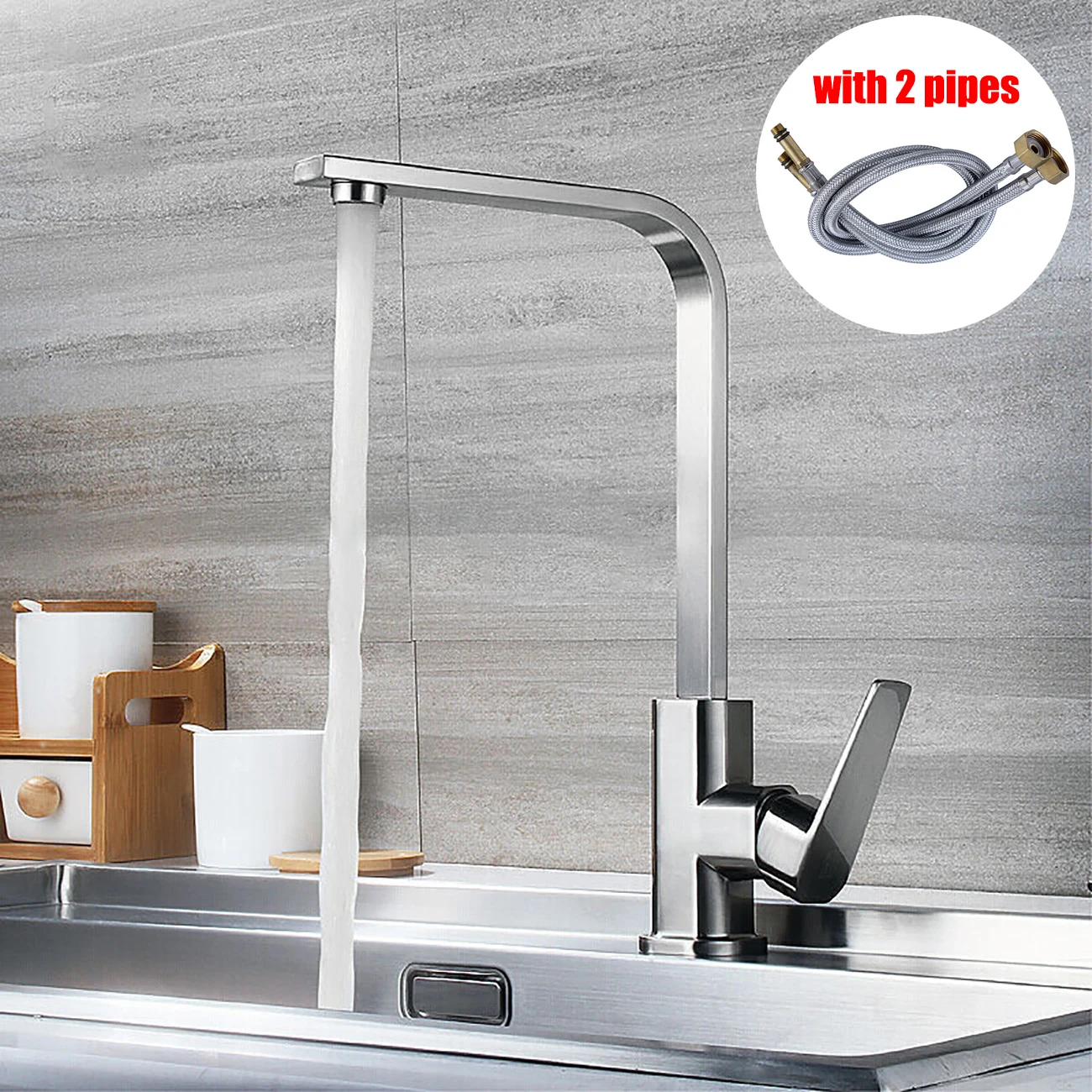 

360 Degree Rotatable Kitchen Sink Faucet Hot and Cold Water Faucet with 2 Water Inlet Pipes Kitchen Sink Swivel Faucet Water Tap