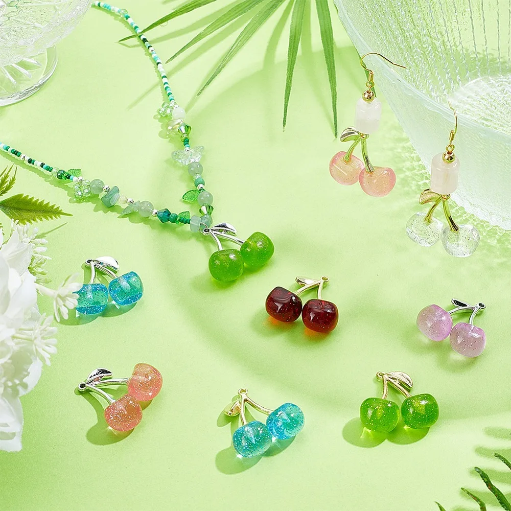 

9Pcs 9 Colors Transparent Resin Pendants Cherry with Alloy Findings Glitter Powder Mixed Color 31x29x13mm Hole: 1.8mm