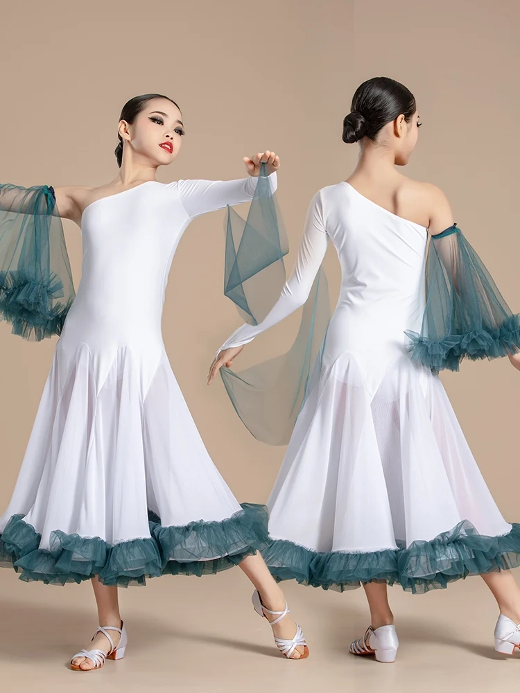 2024 Girls One-Sleeve Ballroom Dance Dresses Standard Dancing Performance Costume Children Waltz Tango Dance Dress VDB7979