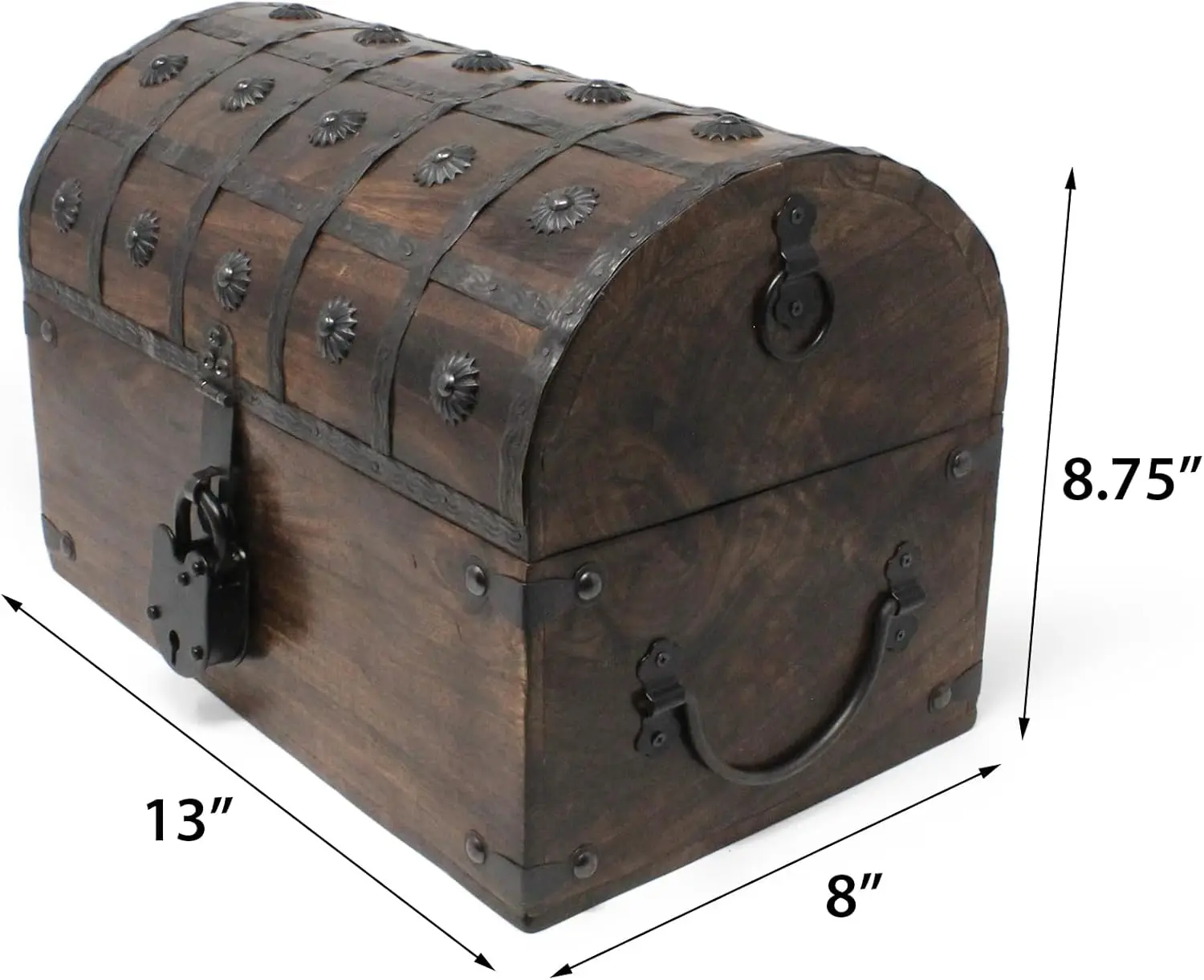 Cofre del Tesoro de Madera Nautical Cove con Forro Acolchado de Terciopelo y Cerradura Antigua con llaves Esqueleto (Grande 13x8x8,75)
