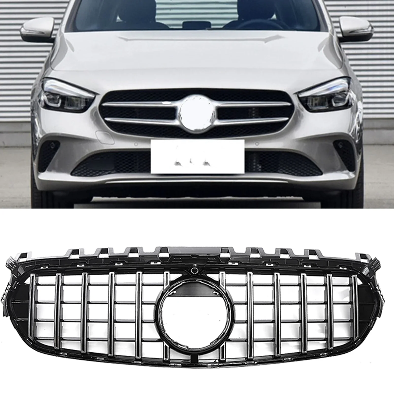 

New！ Grill Front Grille For Mercedes Benz B-Class W247 2020-2022 GT R Style Silver/Black Car Upper Bumper Intake Hood Mesh Grid