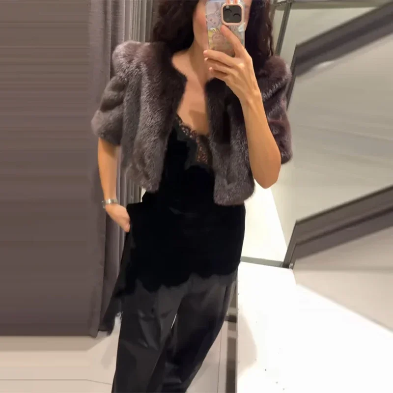 Women Faux Fur Cropped Jacket Round Neck Short Sleeve Elegant Shrug Bolero Open Front Fur Cape Coat Evening Party Outerwear