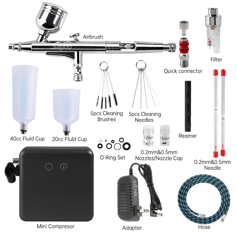 SAGUD Airbrush Compressor Kit Dual-Action 0.3mm Air Brush Gun with Spray Gun Hose Filter for Model Airbrush Nail Tattoo Painting