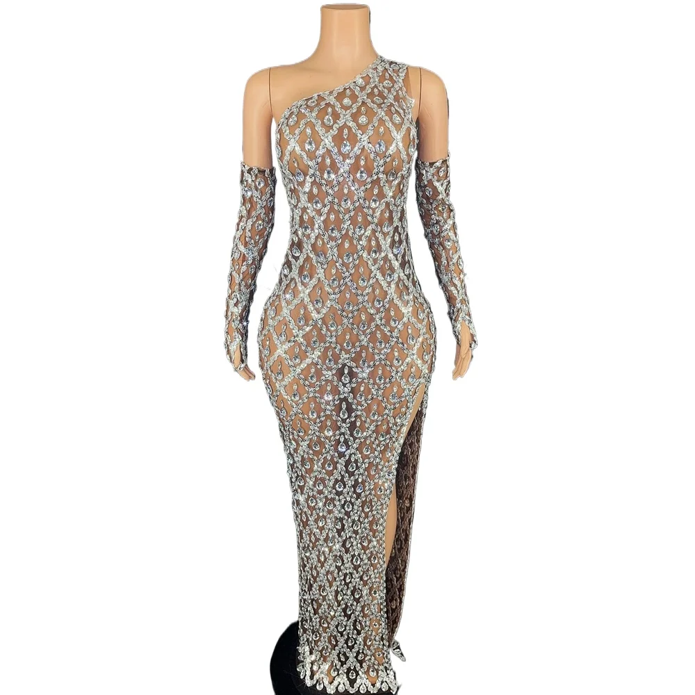 

Sparkly Crystals Sequins One Shoulder Dress Gloves Sexy Mesh Transparent Celebrate Evening Prom Birthday Dress Photo Shoot