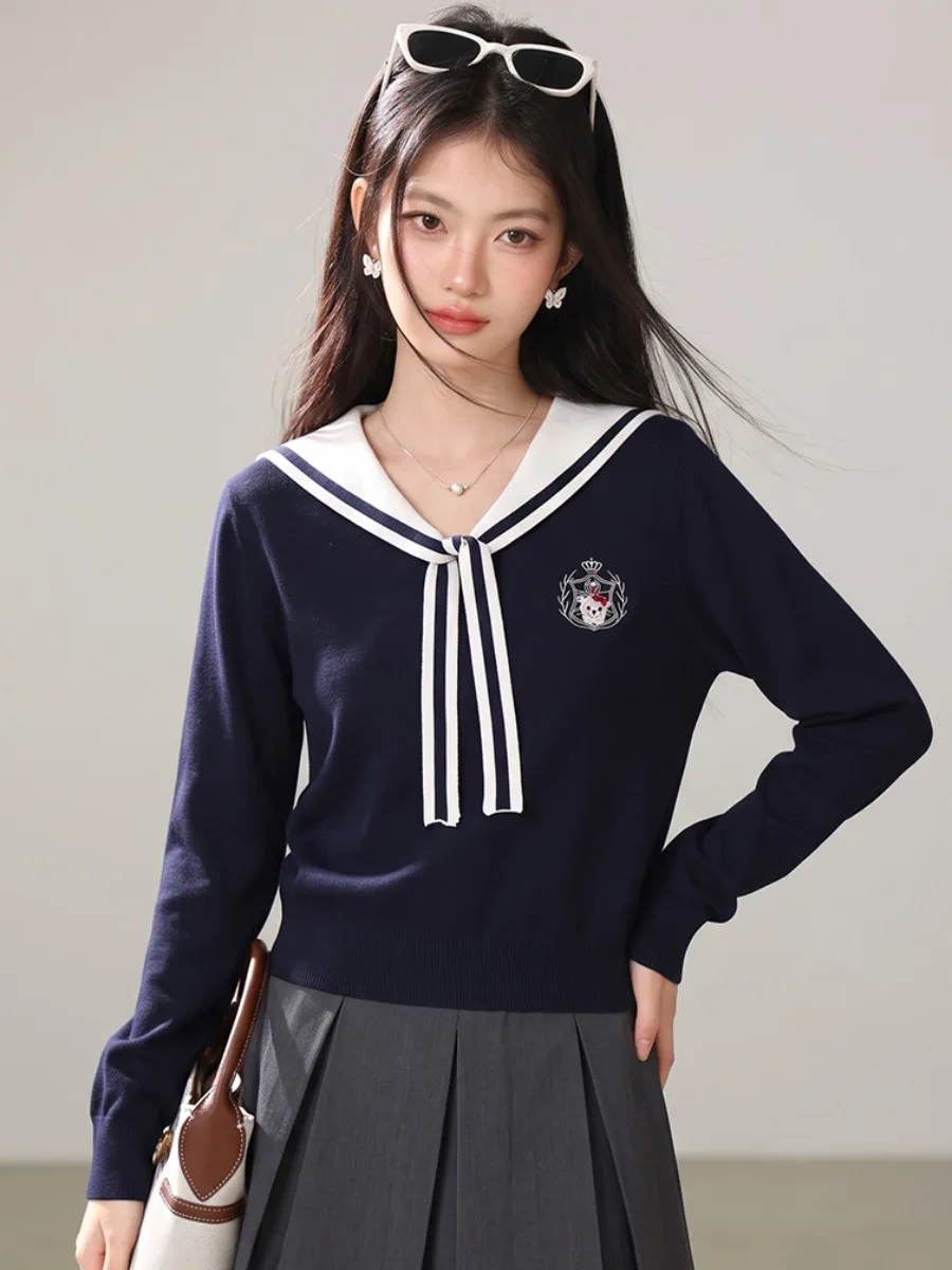 Navy Neck Patch Embroidered Knitted Sweater Women's College Style Tie Waist Slim Long Sleeve Overhead Knitwear Top