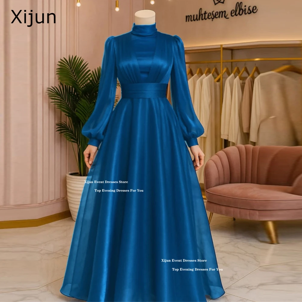 

Xijun Modest Organza Long Evening Dresses A-Line Full Sleeves Dubai Prom Dresses High Collar Muslim Formal Prom Gowns Customized