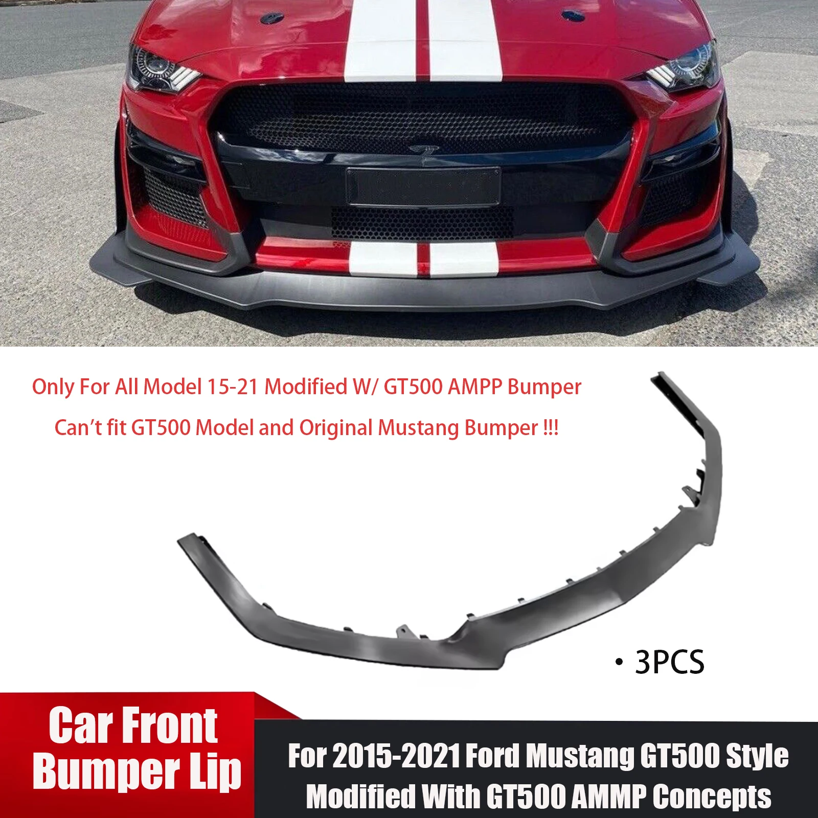

For 2015-2021 Ford Mustang GT500 Style Modified With GT500 AMMP Concepts Front Bumper Splitter Lip Trim Protector Spoiler