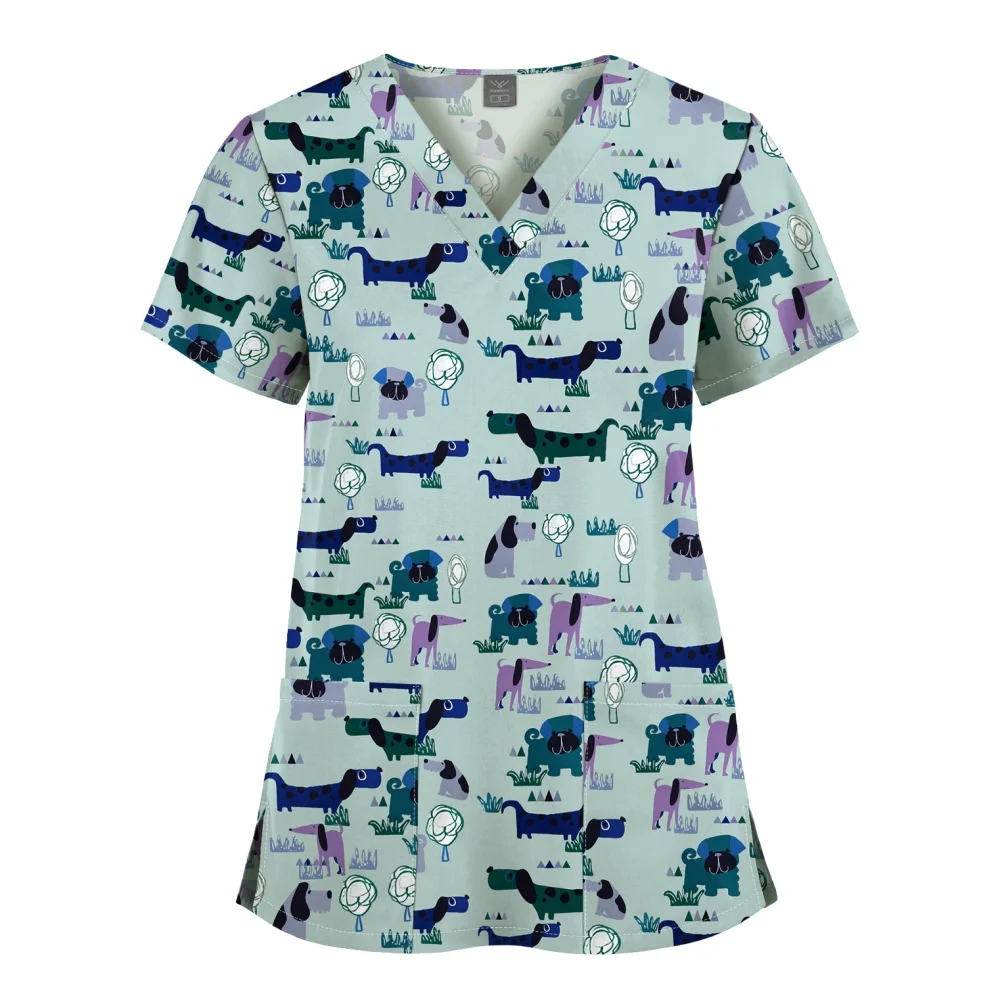 Cartoon Print Pet Doctor Blouse Nurse Uniform Unisex Short Sleeve Hospital Work Tops Surgical Uniforms Nursing Silks Tops Women