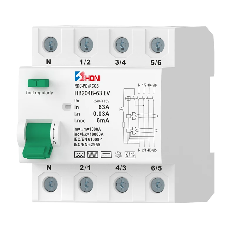 certified 4-pole TYPE B RCCB for EV CHARGER 6mA DC RCD circuit breakers