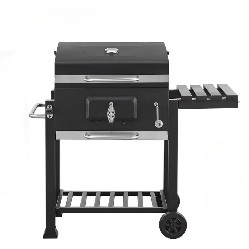Heavy duty rectangular charcoal grill outdoor garden grill smoker with side rack and wheels
