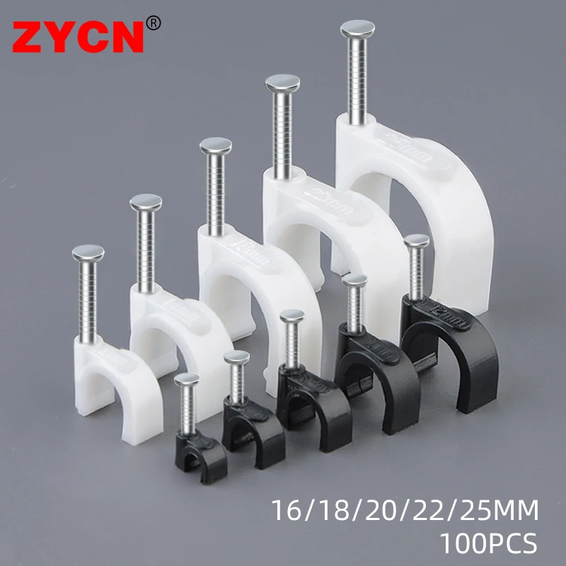 100 sztuk okrągłe plastikowe zaciski do kabli uchwyt 16/18/20/22/25MM przewód elektryczny zapięcie przewód krawat ścienny z gwoździem okrągły zacisk 3/8 rurka