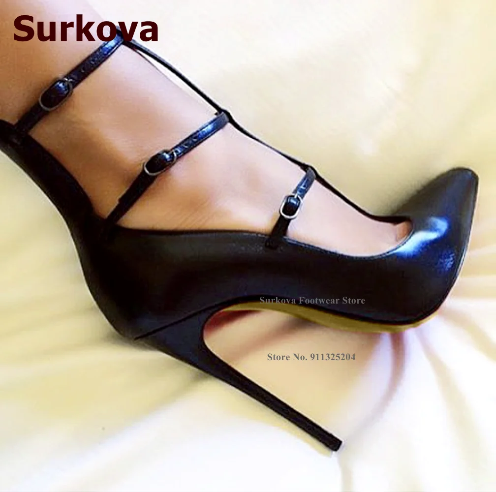 

Surkova Black Matte Criss Cross Buckle Strap High Heel Shoes Stiletto Heels Pointed Toe High Cut Banquet Pumps Dropship Size46