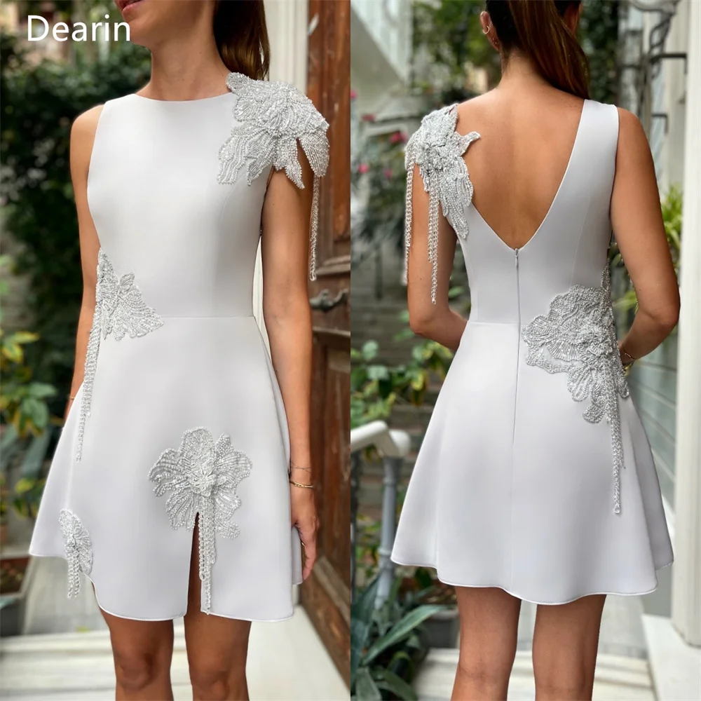 Customized Prom Dress Dearin Scoop Neckline A-line Mini Length Skirts Open Back Draped Sleeveless Print Bespoke Occasion Dresses