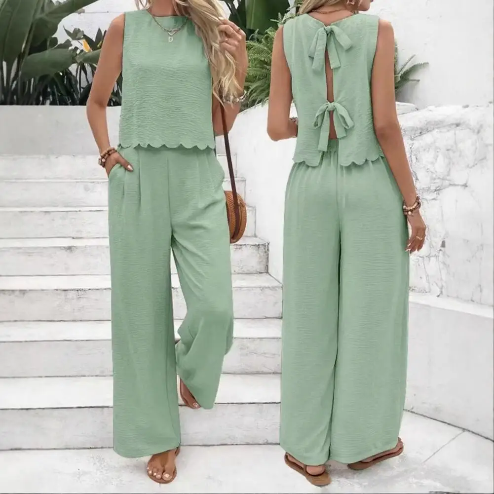 2026 Fashion Sleeveless Vest Long Pants Set Women 2 Piece Outfits Sleeveless Tie Back Top Wide Leg Pants Sets Matching Sets