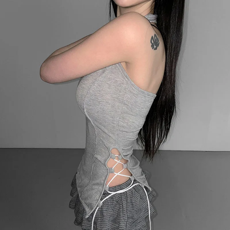 Solid Color U Neck Hanging Tank Top Women's Design Sense Side Straps Hollow Bottom Slim Fit Top