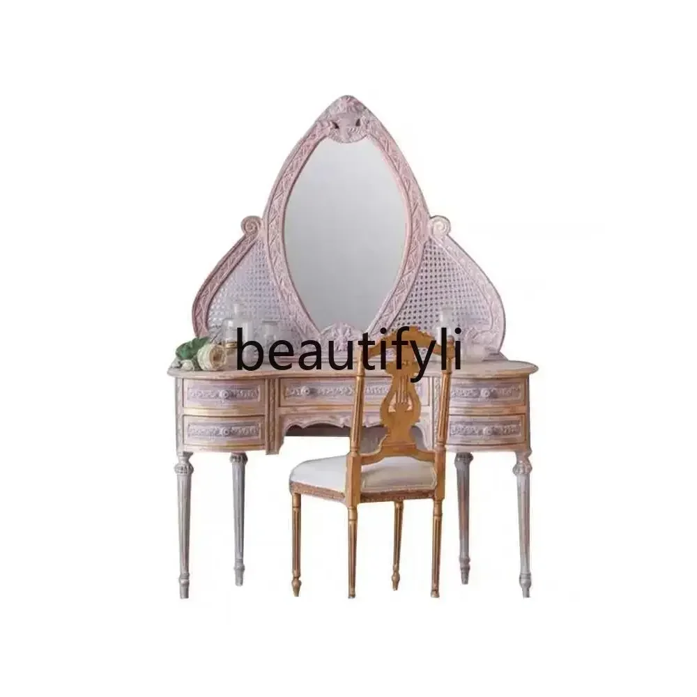 183ff French antique gold dresser solid wood retro rattan art log Roman column makeup tableA