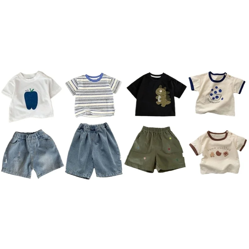 

Korean Children's Clothes 2025 Sets for Children Cartoon Short Sleeved Round Neck T-shirt Comfortable Casual Jeans New Style