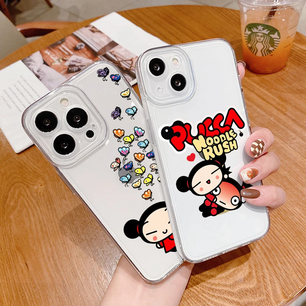 For IPhone 14 PRO Fashion Cute Cartoon Pucca Phone Case for IPhone 13 11 12 Pro XR XS MAX 8 X 7 14 Plus Transparent Delete Cover