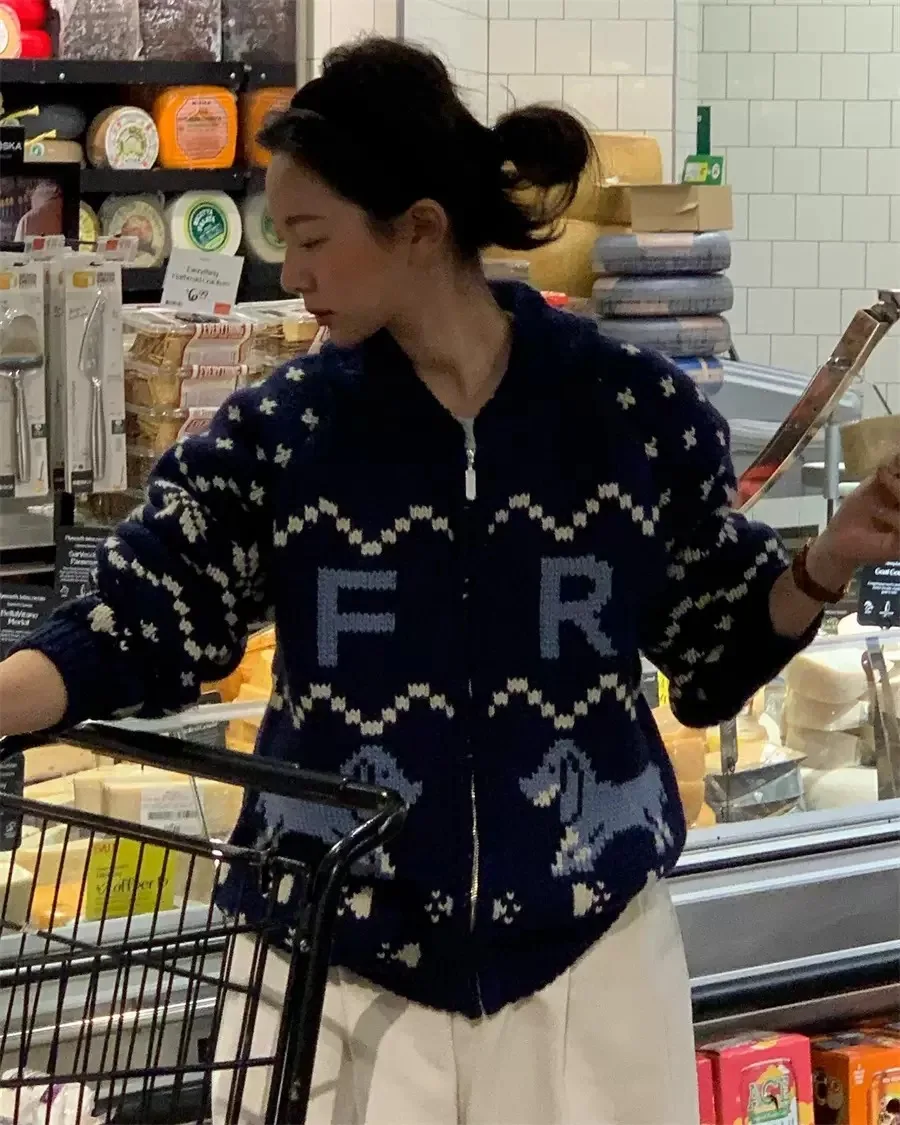 

PREON Рабочая осень-зима Новый Sle Фестиваль Аосфера с принтом на молнии Открытый кардиган Верхняя одежда Женский шерстяной вязаный свитер