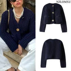 2024 Spring Woman's Navy Blue Knitted Sweater Coats With Pockets Buttons Female Crop Tops Cardigan Vintage Casaul Style