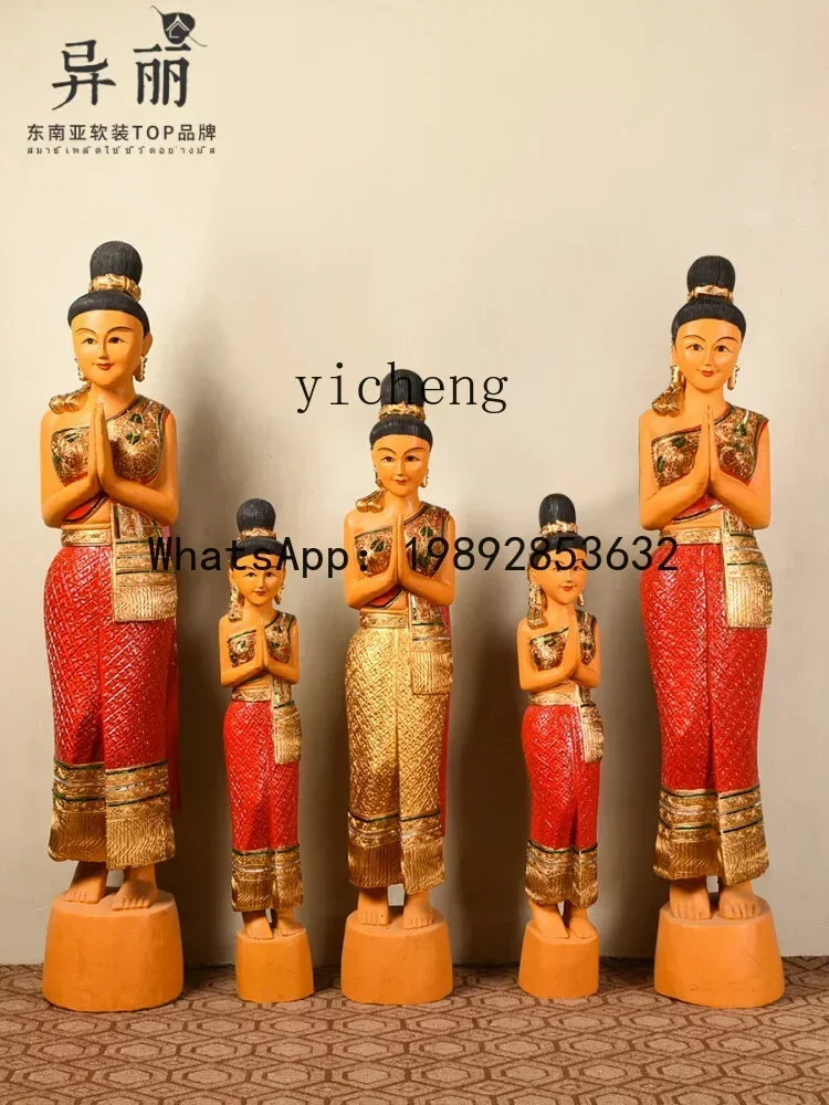 b13k Wood Carving Restaurant Welcome Female Hallway Doll Soft Decorative Ornaments
