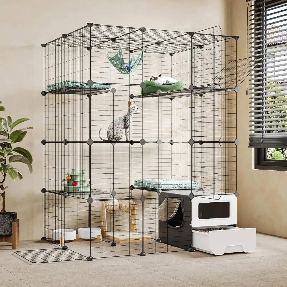 

Cat Cage with Litter Box,Large 4-Tier DIY Detachable Metal Wire Kennel Indoor Crate Exercise Place Ideal for 1-3 Cats