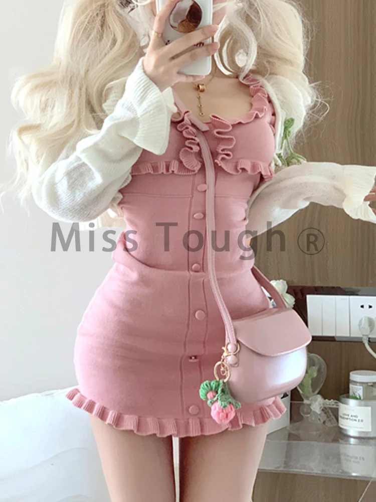 Pink Japanese Kawaii Two Piece Set Women Knitted French Elegant Strap Dress Suit Female Ruched Slim Korean Style Set Autumn 2023