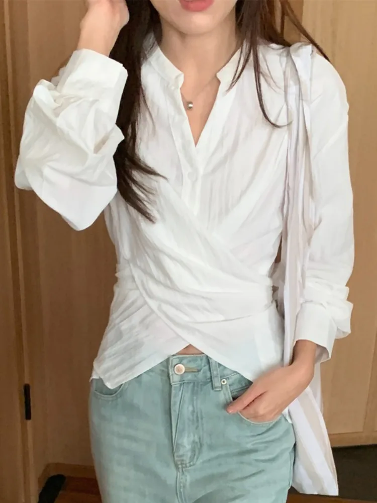 

Элегантная синяя рубашка с длинными рукавами, женская модная рубашка в корейском стиле с V-образным вырезом и перекрестной завязкой, повседневная офисная одежда, весна-осень-зима