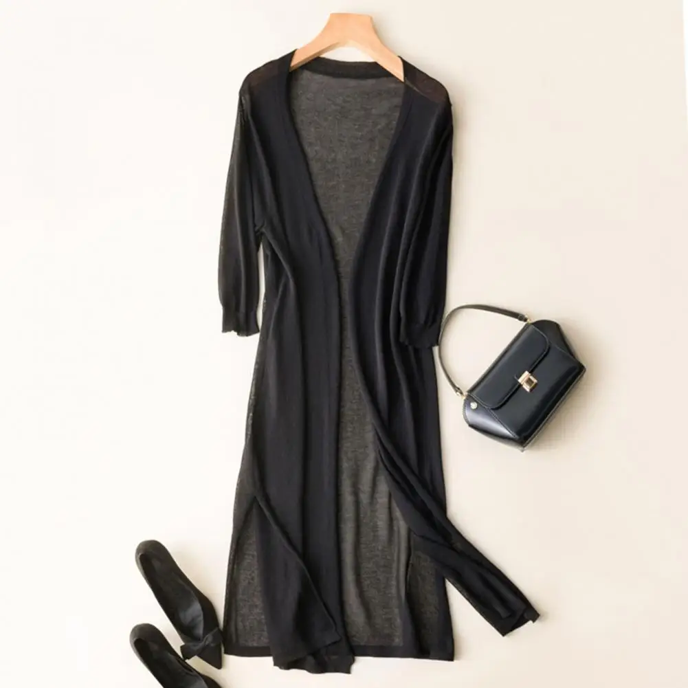 

2025 Thin Shawl Outerwear Women Summer Knitting Sun Protection Clothing Long Sleeve Side Split Long Cardigan Sunscreen Coat