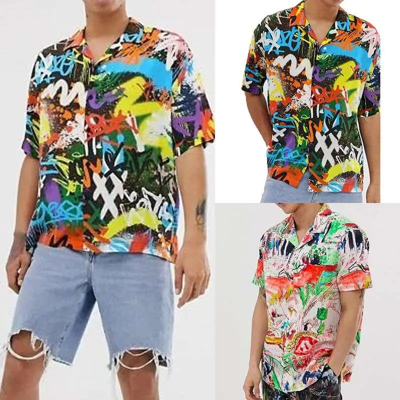 Summer 2023 fiti Camouflage Print Casual ort Sve Men's irt Loose Fit Beachwear Lightweight ex Turn-down Collar